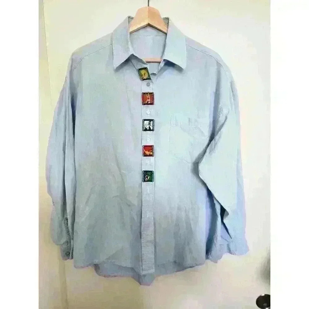 Vintage 1995 Warner Bros Studio Looney Tunes Button Up Shirt DENIM‎ Unisex Large